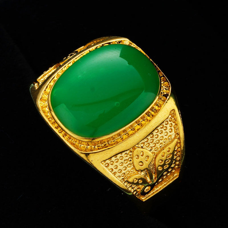 Vietnam Placer Gold Ring with Green Agate Red and Black Gem Men's and Women's Domineering Non-Fading Ring Open Dragon Ring
