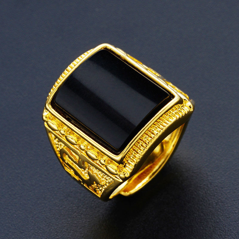 Vietnam Placer Gold Ring with Green Agate Red and Black Gem Men's and Women's Domineering Non-Fading Ring Open Dragon Ring
