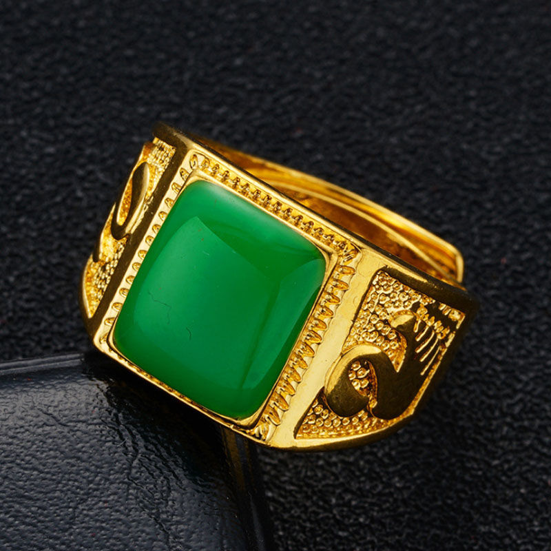 Vietnam Placer Gold Ring with Green Agate Red and Black Gem Men's and Women's Domineering Non-Fading Ring Open Dragon Ring