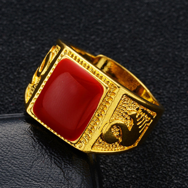 Vietnam Placer Gold Ring with Green Agate Red and Black Gem Men's and Women's Domineering Non-Fading Ring Open Dragon Ring