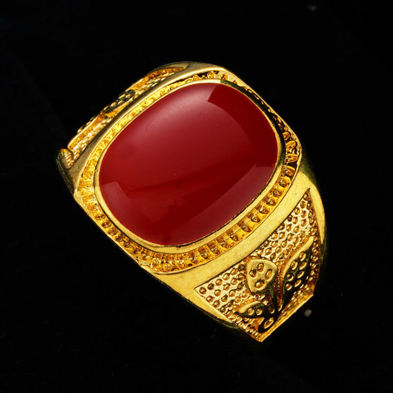 Vietnam Placer Gold Ring with Green Agate Red and Black Gem Men's and Women's Domineering Non-Fading Ring Open Dragon Ring