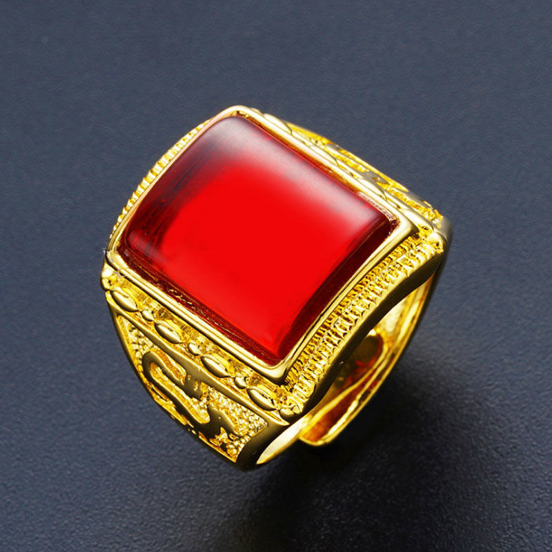 Vietnam Placer Gold Ring with Green Agate Red and Black Gem Men's and Women's Domineering Non-Fading Ring Open Dragon Ring