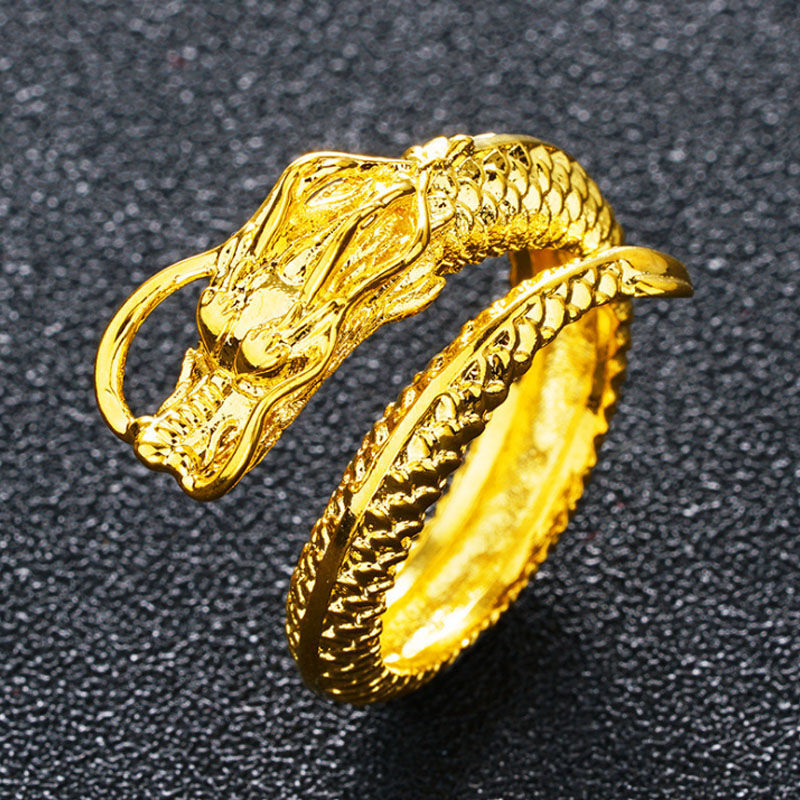Vietnam Placer Gold Ring with Green Agate Red and Black Gem Men's and Women's Domineering Non-Fading Ring Open Dragon Ring