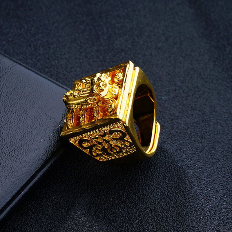 Vietnam Placer Gold Ring with Green Agate Red and Black Gem Men's and Women's Domineering Non-Fading Ring Open Dragon Ring