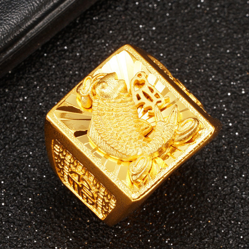 Vietnam Placer Gold Ring with Green Agate Red and Black Gem Men's and Women's Domineering Non-Fading Ring Open Dragon Ring