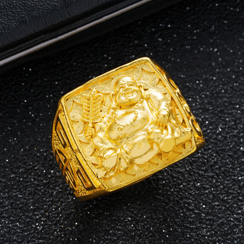 Vietnam Placer Gold Ring with Green Agate Red and Black Gem Men's and Women's Domineering Non-Fading Ring Open Dragon Ring