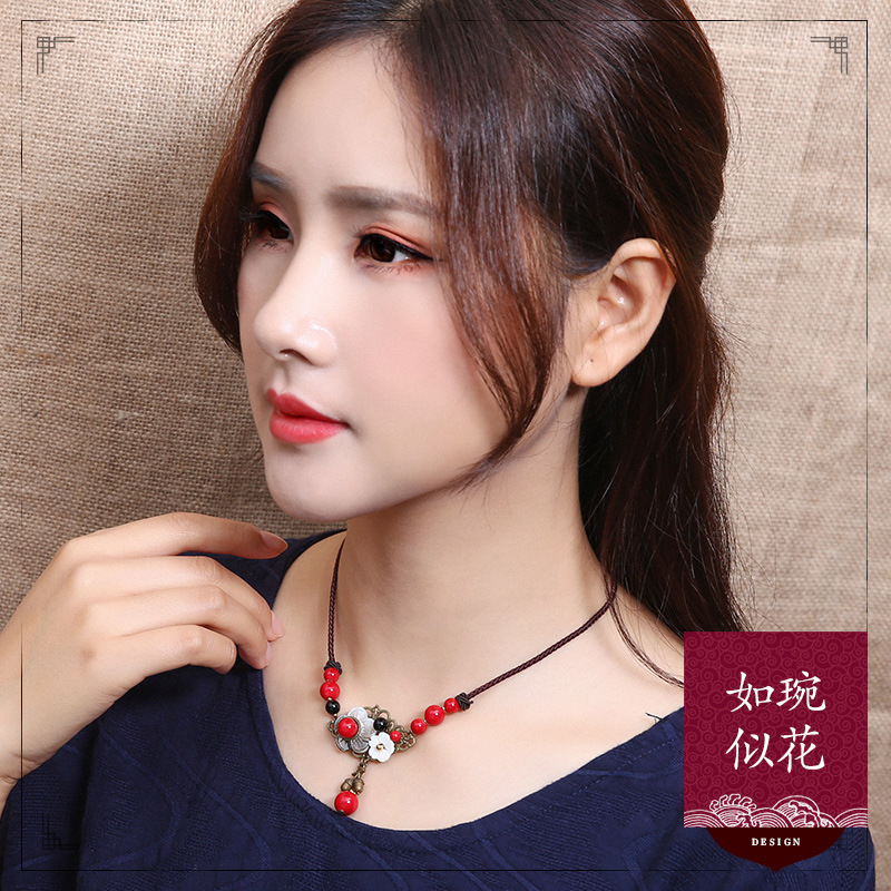 Ethnic Style Bells of Ireland Necklace Redstone Black Agate Alloy Accessories Retro Temperament Wild Super Fairy Clavicle Chain Necklace