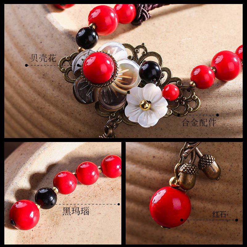 Ethnic Style Bells of Ireland Necklace Redstone Black Agate Alloy Accessories Retro Temperament Wild Super Fairy Clavicle Chain Necklace
