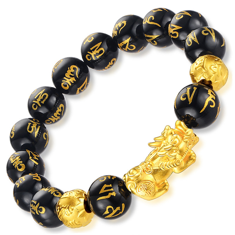 Vietnam Placer Gold Pi Xiu Bracelet Imitation Gold Black Agate Lucky Picchu Buddhist Jewelry Couple Pixiu Bracelet