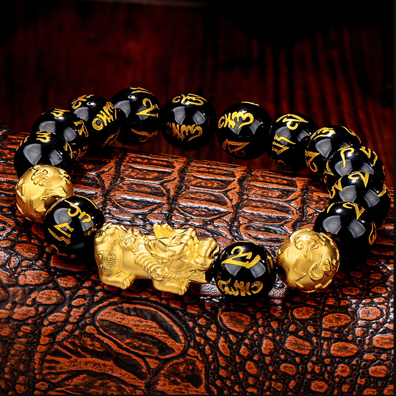 Vietnam Placer Gold Pi Xiu Bracelet Imitation Gold Black Agate Lucky Picchu Buddhist Jewelry Couple Pixiu Bracelet