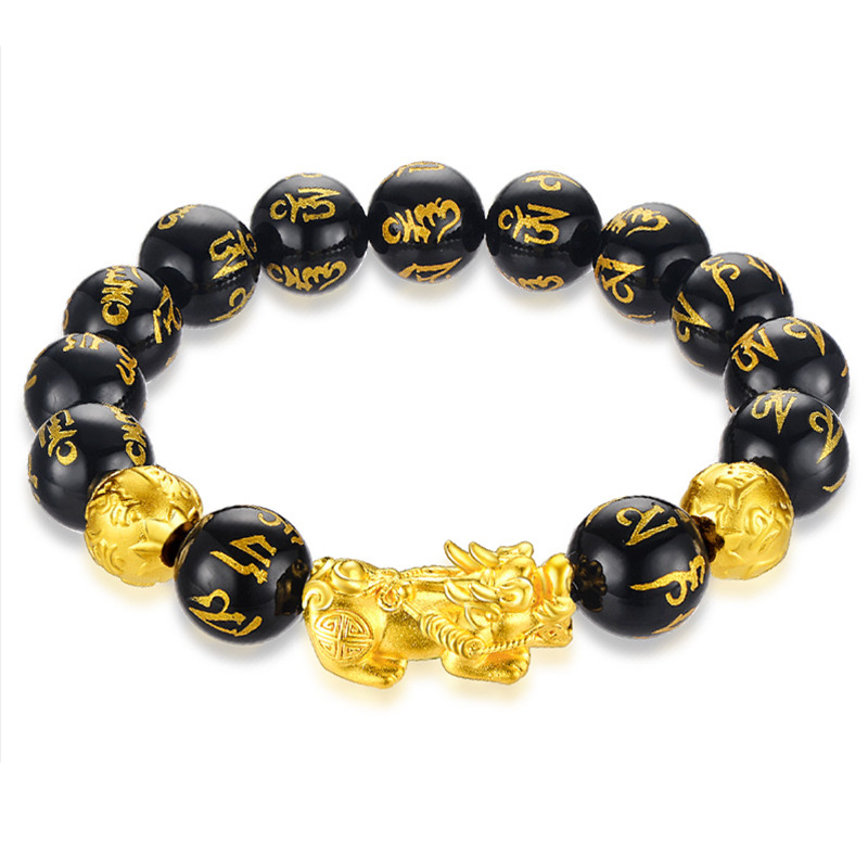 Vietnam Placer Gold Pi Xiu Bracelet Imitation Gold Black Agate Lucky Picchu Buddhist Jewelry Couple Pixiu Bracelet