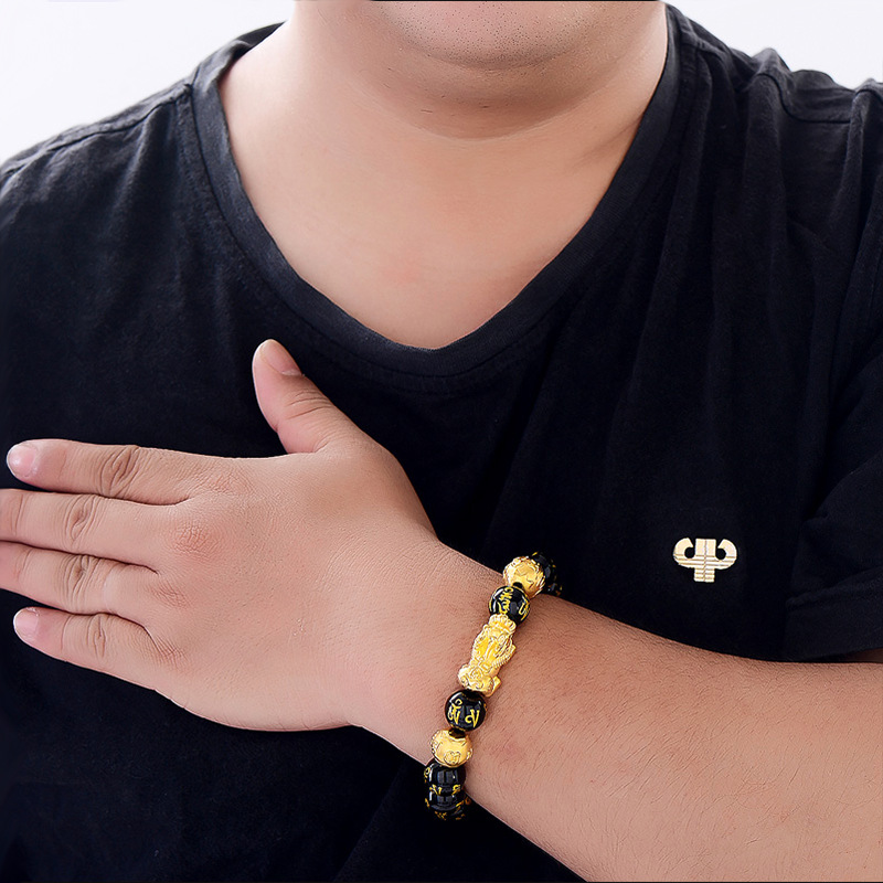 Vietnam Placer Gold Pi Xiu Bracelet Imitation Gold Black Agate Lucky Picchu Buddhist Jewelry Couple Pixiu Bracelet