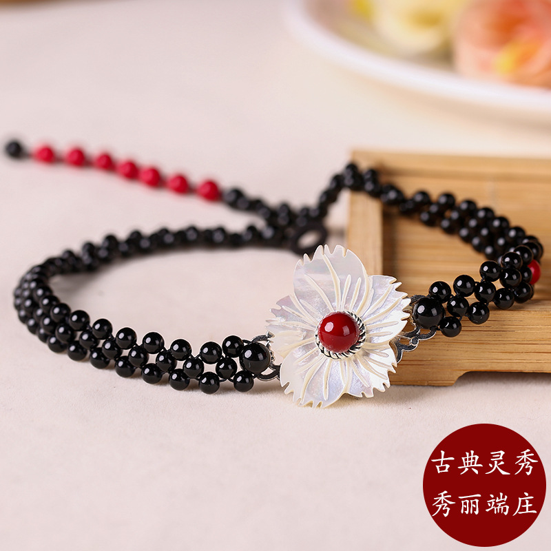 Ethnic Style Flower Shell Patch Necklace Black Agate Red Shell Pearls Retro Temperament Wild Super Fairy Clavicle Chain Necklace for Women