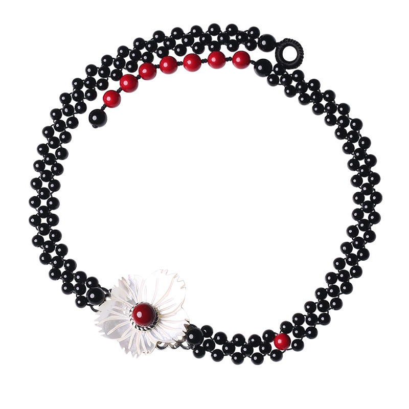 Ethnic Style Flower Shell Patch Necklace Black Agate Red Shell Pearls Retro Temperament Wild Super Fairy Clavicle Chain Necklace for Women