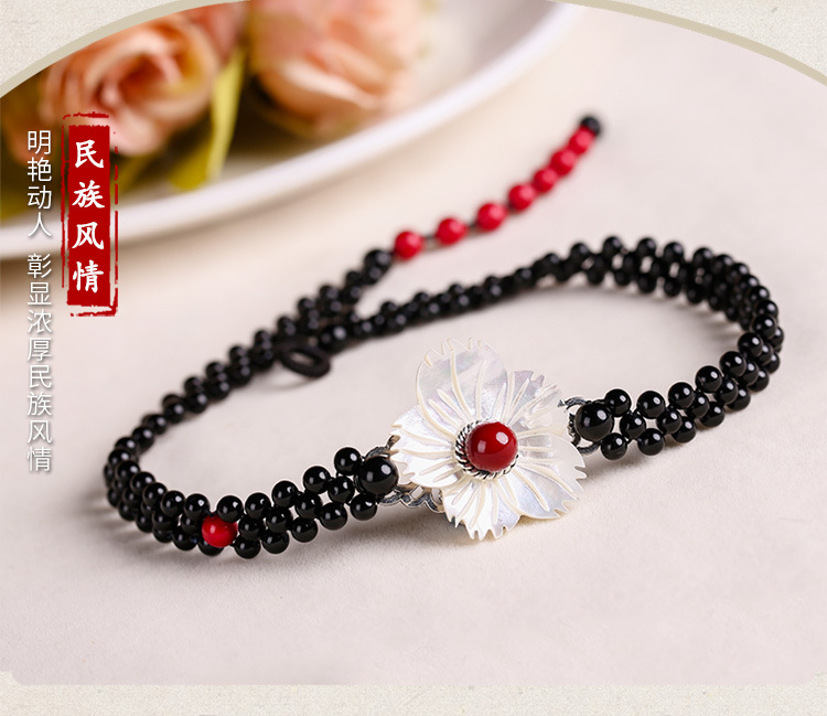 Ethnic Style Flower Shell Patch Necklace Black Agate Red Shell Pearls Retro Temperament Wild Super Fairy Clavicle Chain Necklace for Women