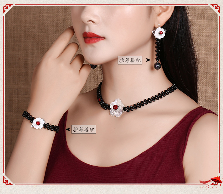 Ethnic Style Flower Shell Patch Necklace Black Agate Red Shell Pearls Retro Temperament Wild Super Fairy Clavicle Chain Necklace for Women