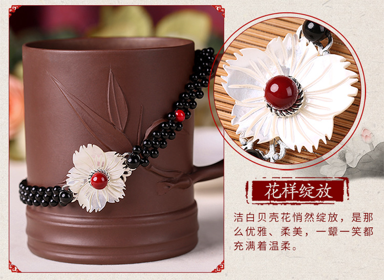 Ethnic Style Flower Shell Patch Necklace Black Agate Red Shell Pearls Retro Temperament Wild Super Fairy Clavicle Chain Necklace for Women