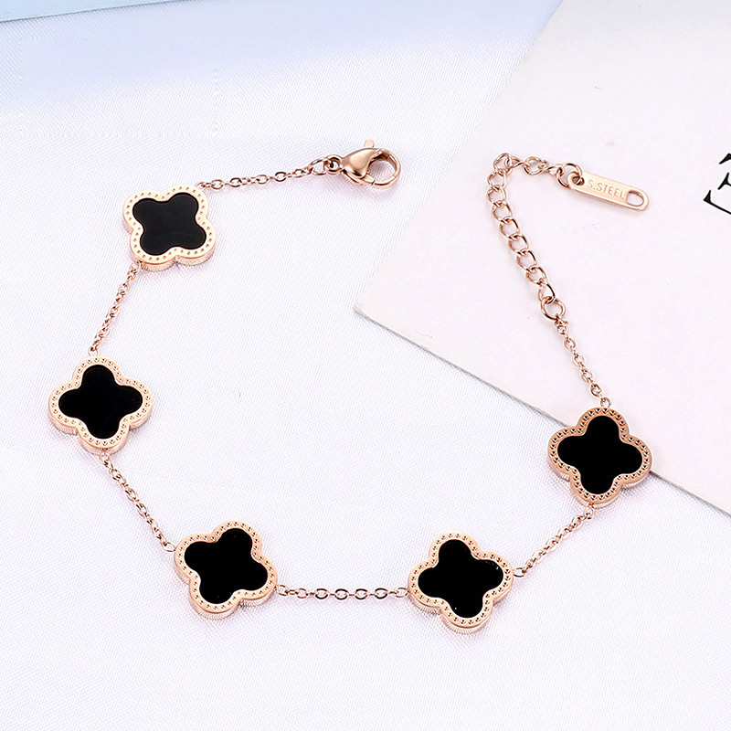 Red and Black Clover Pork Belly Bracelet Female Summer 18K Color Gold Rose Gold Fritillary Titanium Steel Double-Sided Agate Girl