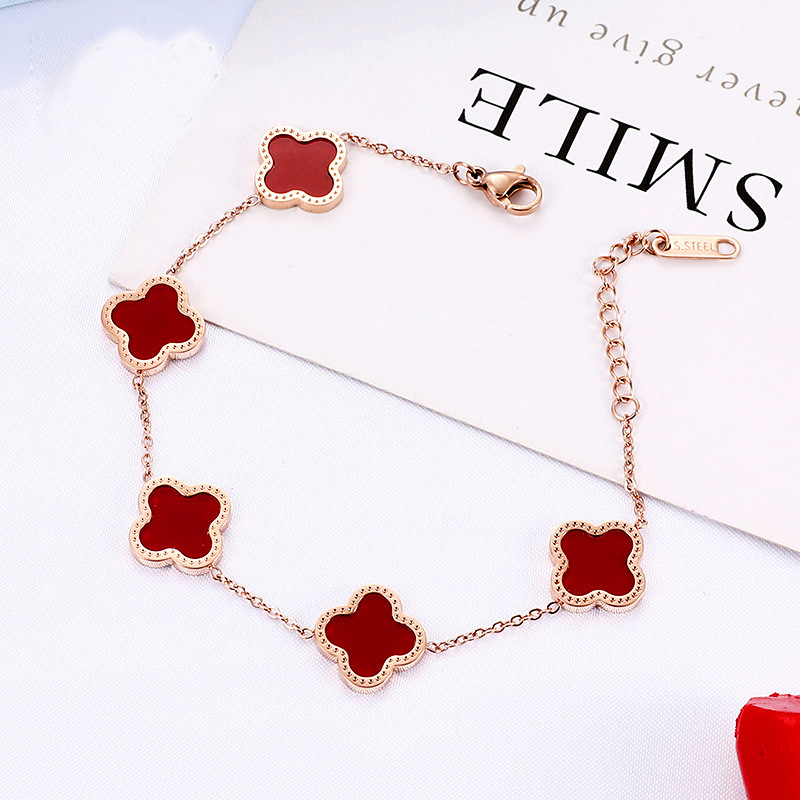 Red and Black Clover Pork Belly Bracelet Female Summer 18K Color Gold Rose Gold Fritillary Titanium Steel Double-Sided Agate Girl