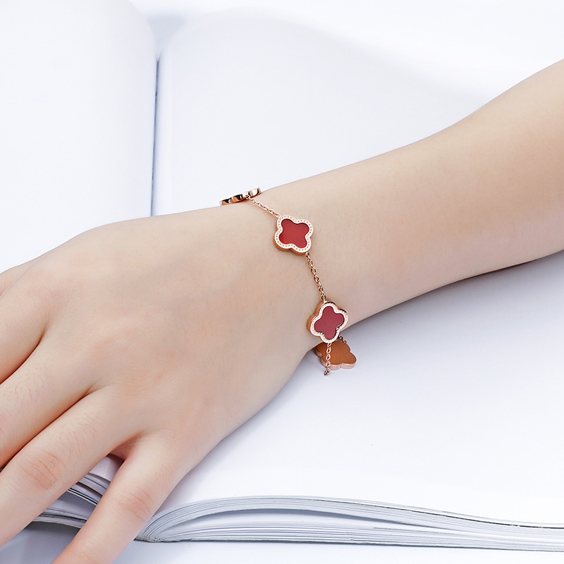 Red and Black Clover Pork Belly Bracelet Female Summer 18K Color Gold Rose Gold Fritillary Titanium Steel Double-Sided Agate Girl