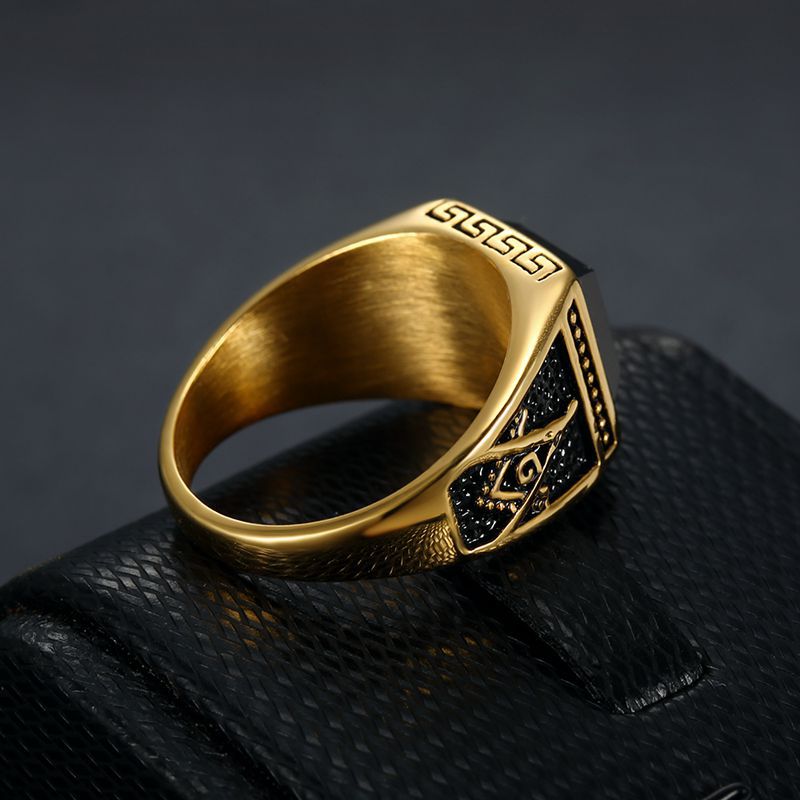 Europe and America Cross Border Hot Sale Classic Retro Ring Titanium Steel Color-Retaining Gold Plated Black Agate Masonic AG Men&#039;s Ring
