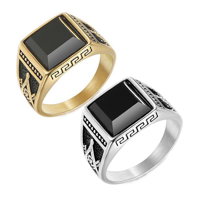 Europe and America Cross Border Hot Sale Classic Retro Ring Titanium Steel Color-Retaining Gold Plated Black Agate Masonic AG Men&#039;s Ring