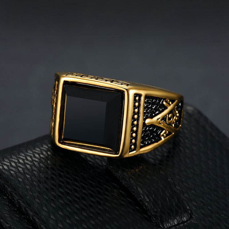 Europe and America Cross Border Hot Sale Classic Retro Ring Titanium Steel Color-Retaining Gold Plated Black Agate Masonic AG Men&#039;s Ring