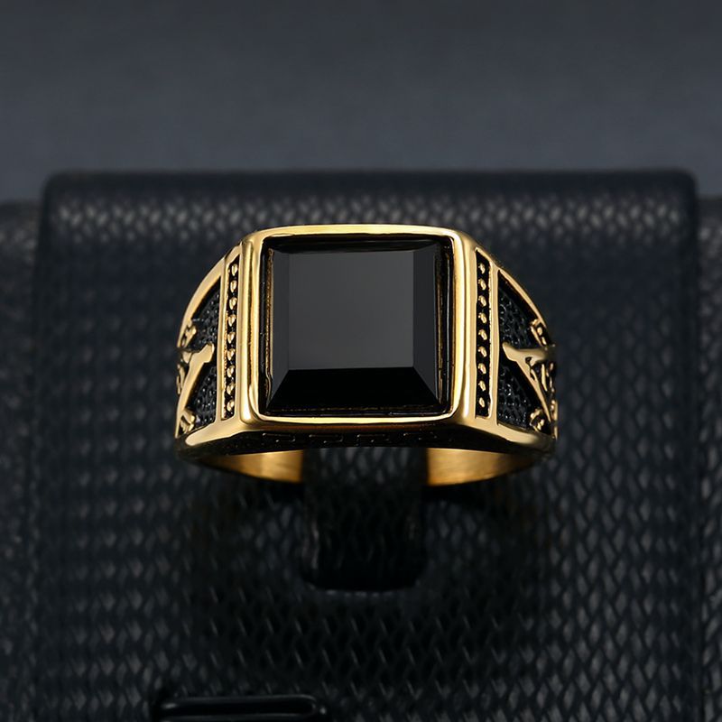 Europe and America Cross Border Hot Sale Classic Retro Ring Titanium Steel Color-Retaining Gold Plated Black Agate Masonic AG Men&#039;s Ring