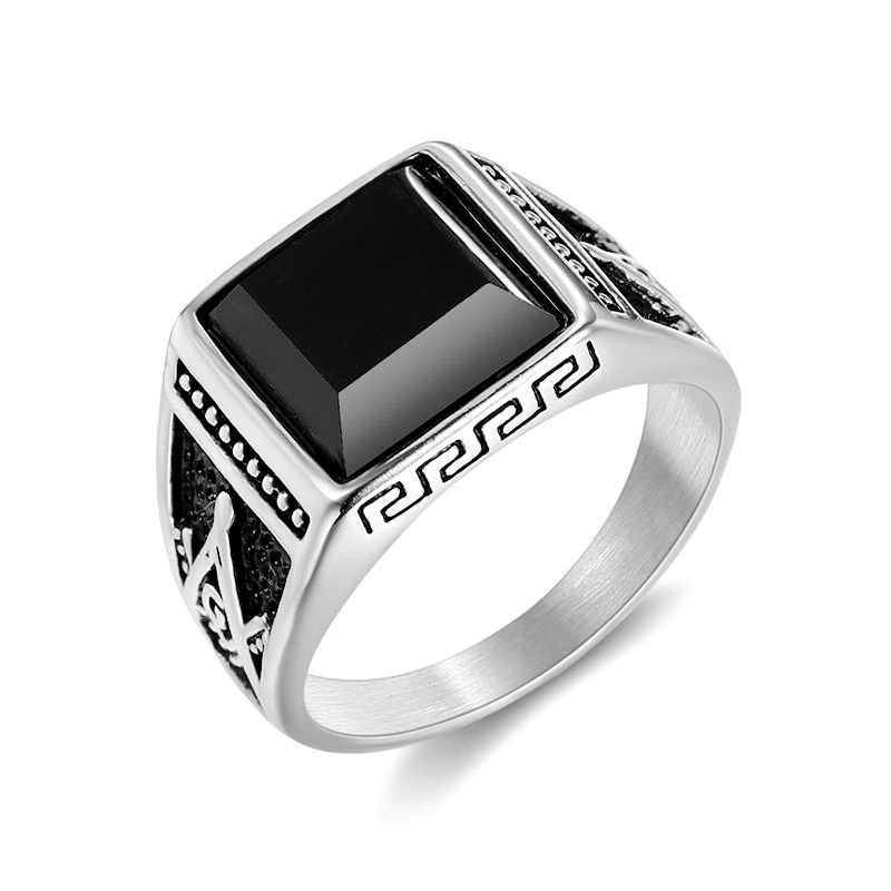 Europe and America Cross Border Hot Sale Classic Retro Ring Titanium Steel Color-Retaining Gold Plated Black Agate Masonic AG Men&#039;s Ring