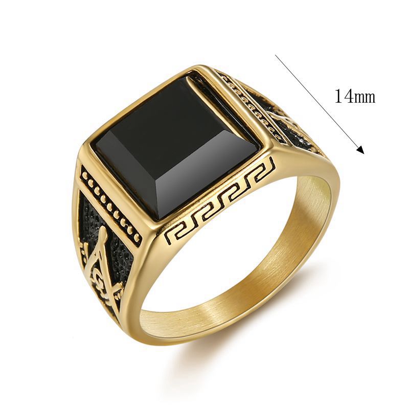 Europe and America Cross Border Hot Sale Classic Retro Ring Titanium Steel Color-Retaining Gold Plated Black Agate Masonic AG Men's Ring Europe and America Cross Border Hot Sale Classic Retro Ring Titanium Steel Color-Retaining Gold Plated Black Agate Masonic AG Men's Ring