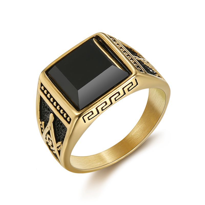 Europe and America Cross Border Hot Sale Classic Retro Ring Titanium Steel Color-Retaining Gold Plated Black Agate Masonic AG Men's Ring Europe and America Cross Border Hot Sale Classic Retro Ring Titanium Steel Color-Retaining Gold Plated Black Agate Masonic AG Men's Ring