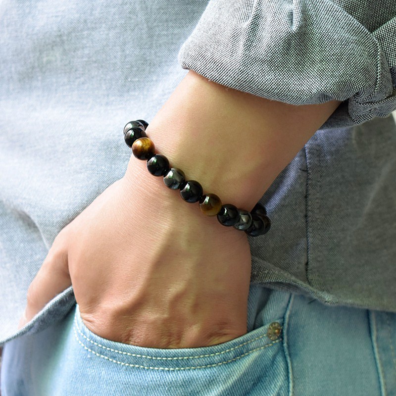 10mm Tigereye Bracelet Black Agate Bracelet Stone Bead Elastic European and American Bracelet Foreign Trade Ornament