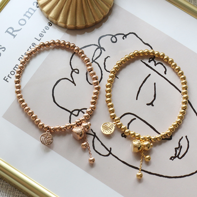 Fu Lu Chinese Style Small Calabash Tassel Small Ball Beads Elastic Bracelet Wrist String Titanium Steel Plated 18K Gold Color Protection for Women