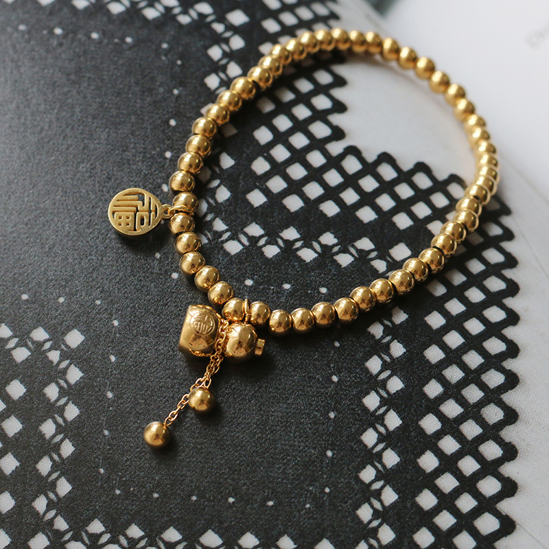 Fu Lu Chinese Style Small Calabash Tassel Small Ball Beads Elastic Bracelet Wrist String Titanium Steel Plated 18K Gold Color Protection for Women