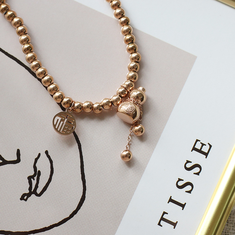 Fu Lu Chinese Style Small Calabash Tassel Small Ball Beads Elastic Bracelet Wrist String Titanium Steel Plated 18K Gold Color Protection for Women