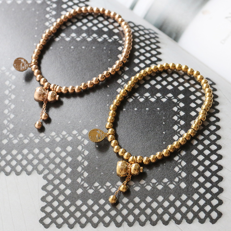 Fu Lu Chinese Style Small Calabash Tassel Small Ball Beads Elastic Bracelet Wrist String Titanium Steel Plated 18K Gold Color Protection for Women
