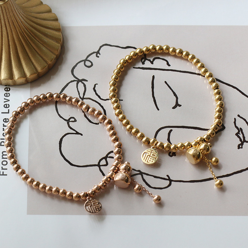 Fu Lu Chinese Style Small Calabash Tassel Small Ball Beads Elastic Bracelet Wrist String Titanium Steel Plated 18K Gold Color Protection for Women
