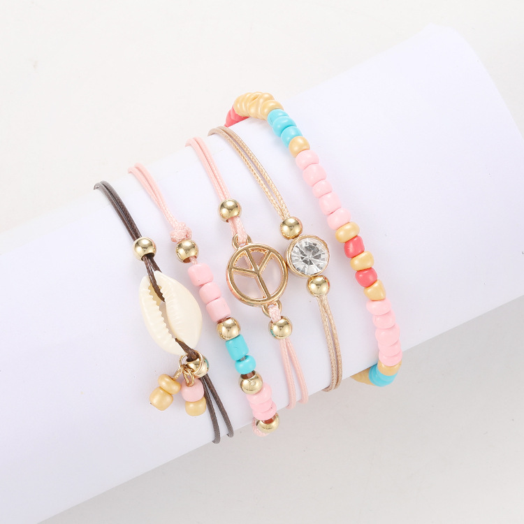 European and American Fashion Minimalist Hollow Shell Conch Color Macaron Beaded Rhinestone Bracelet Bracelet Five-Piece Set