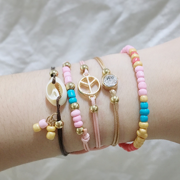 European and American Fashion Minimalist Hollow Shell Conch Color Macaron Beaded Rhinestone Bracelet Bracelet Five-Piece Set