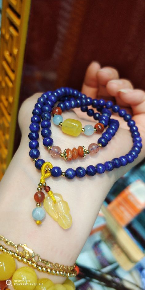 Three rings natural lapis lazuli bracelet with raw mineral wax pendant