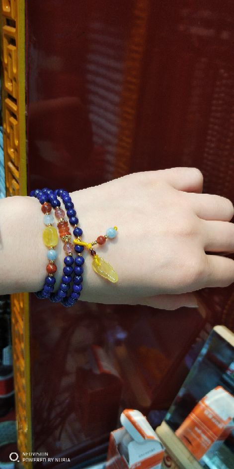 Three rings natural lapis lazuli bracelet with raw mineral wax pendant