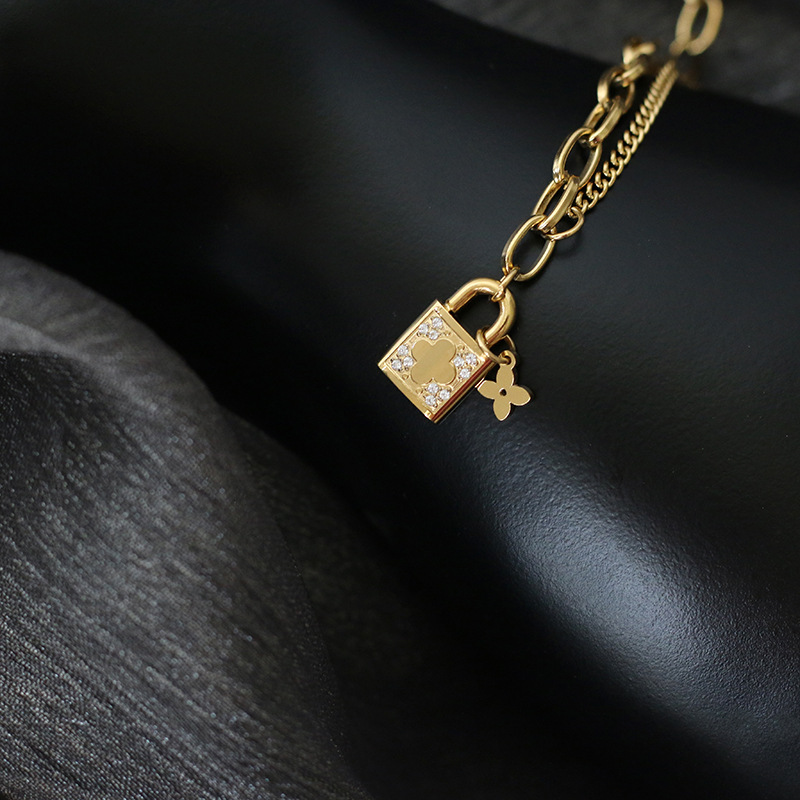 Micro-Inlaid Lock Head Small Little Flower Chain Bracelet Simple New Titanium Steel Plated 18K Gold Color Protection One Piece Dropshipping