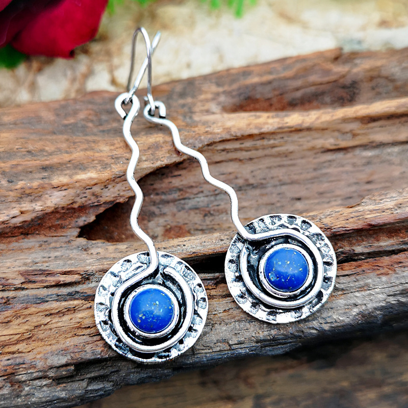Yung yu wish hot style plated 925 vintage Thai silver hand-bent silk pendant set with blue lapis lazuli creative earrings