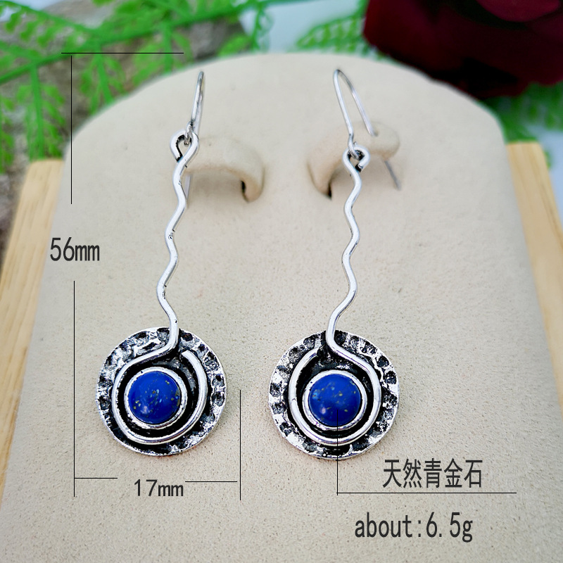 Yung yu wish hot style plated 925 vintage Thai silver hand-bent silk pendant set with blue lapis lazuli creative earrings