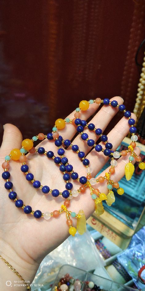 Natural lapis lazuli single ring bracelet with raw mineral wax pendant