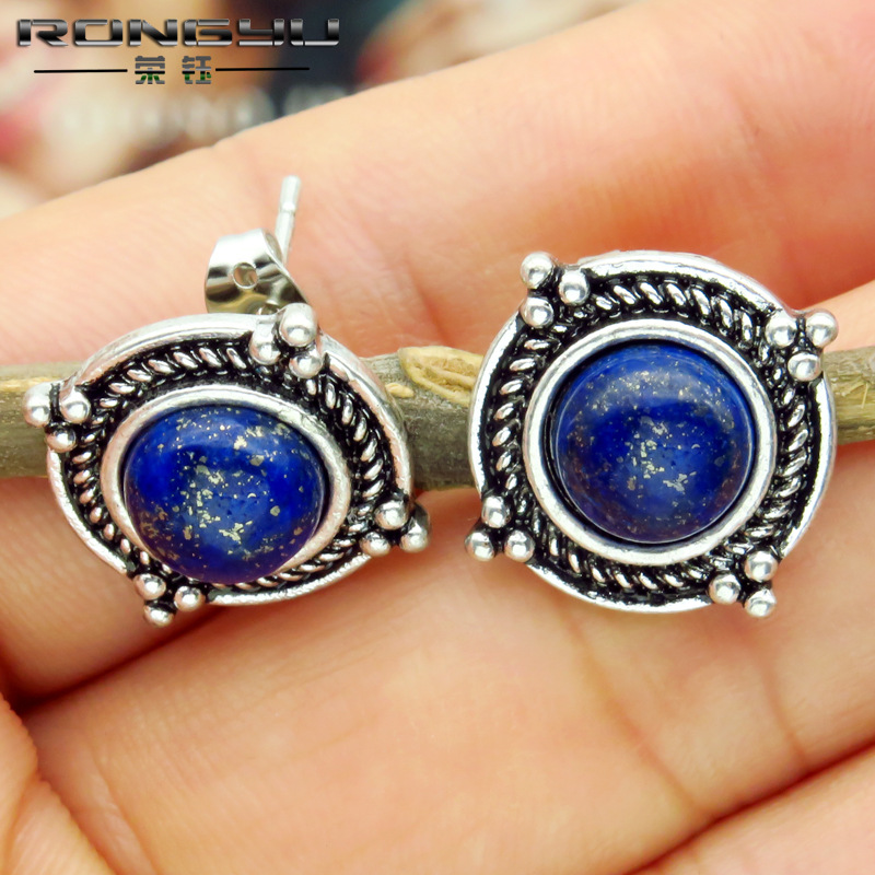 Rongyu wish new vintage Thai silver natural lapis lazuli earrings European and American fashion inlaid pearl earrings