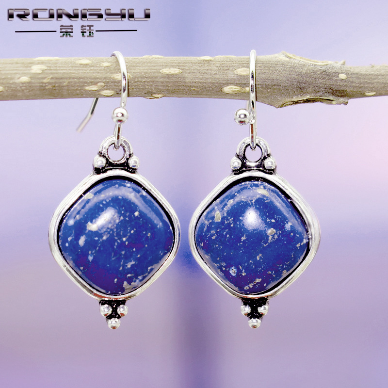 Rong Yu Wish New Simple Fashion Natural Lapis Lazuli Earrings Hot Selling European and American-Style Vintage Thai Silver Ear Rings