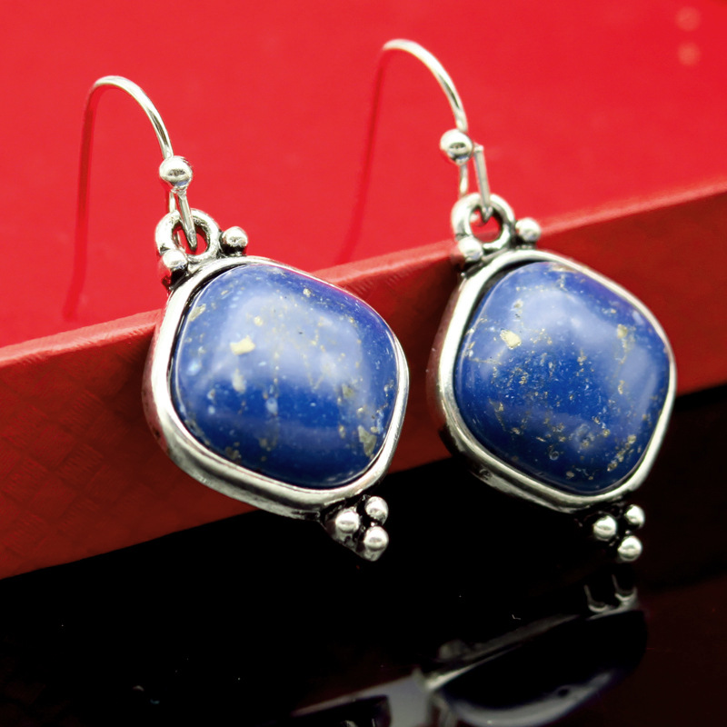 Rong Yu Wish New Simple Fashion Natural Lapis Lazuli Earrings Hot Selling European and American-Style Vintage Thai Silver Ear Rings