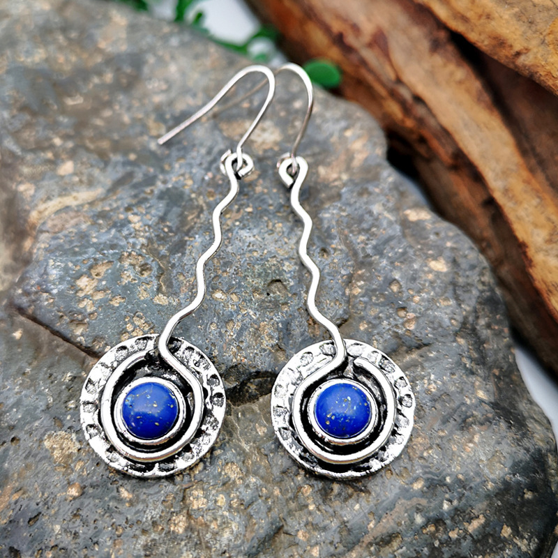 Yung yu wish hot style plated 925 vintage Thai silver hand-bent silk pendant set with blue lapis lazuli creative earrings