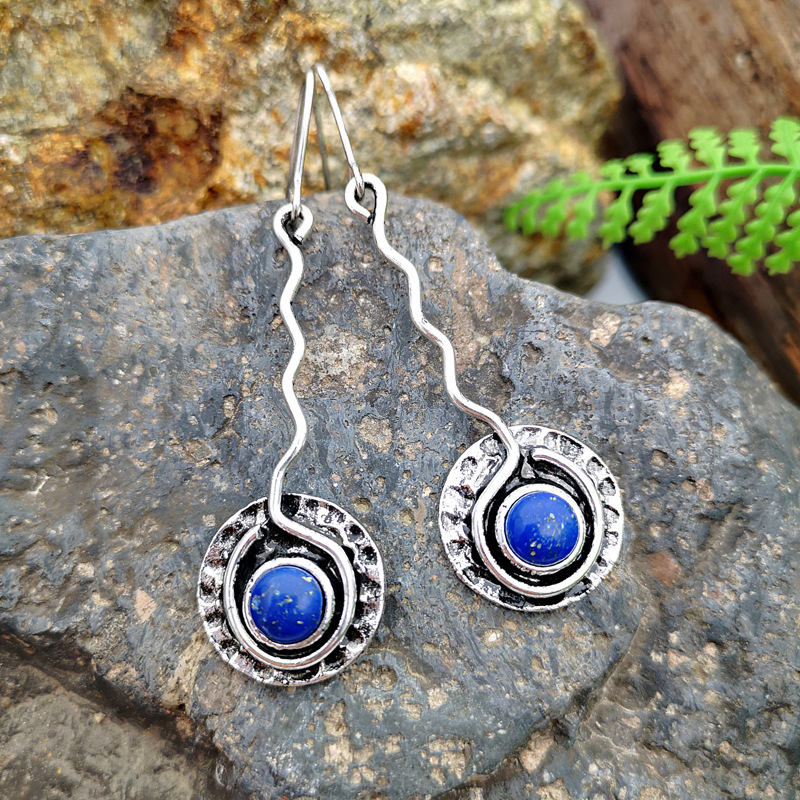 Yung yu wish hot style plated 925 vintage Thai silver hand-bent silk pendant set with blue lapis lazuli creative earrings